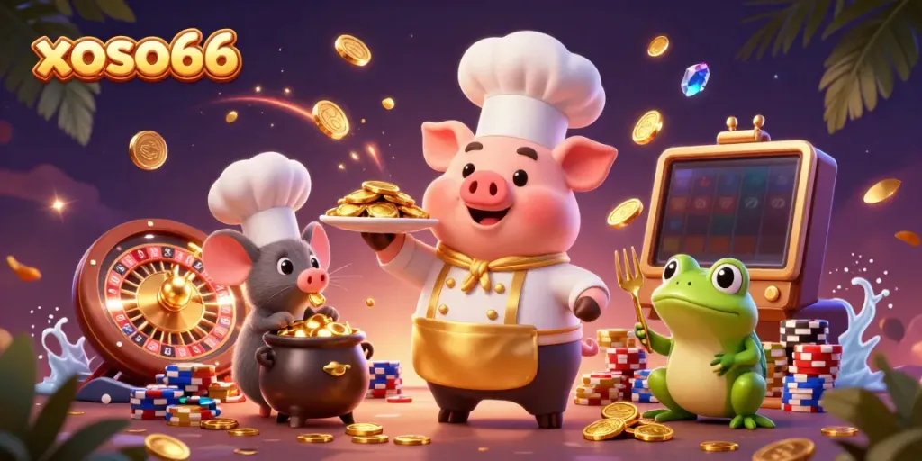 Experience excitement with xoso66 gambling scene featuring gold coins, a chef pig, and animated characters.