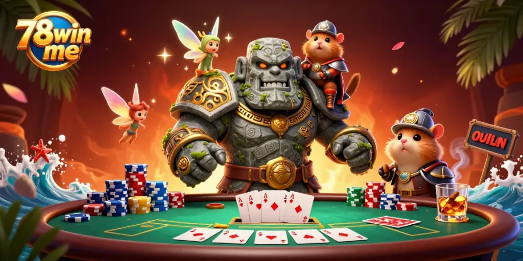 Engage in thrilling poker with 78win me's immersive scene featuring a golem, fairy, and hamster knight.