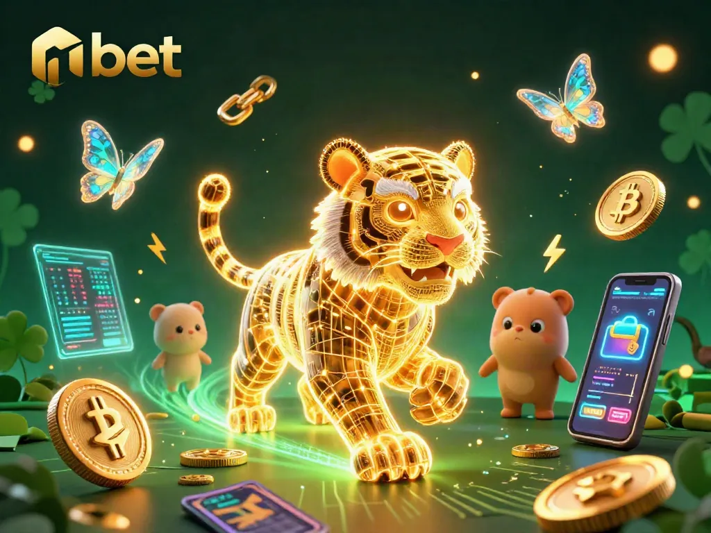Engage with nbet's vibrant casino world featuring a digital golden tiger among Bitcoin coins and holographic displays.