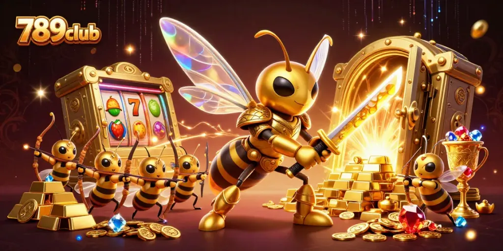 Experience the excitement of 789club with a vibrant 3D casino scene filled with gold and slot symbols.
