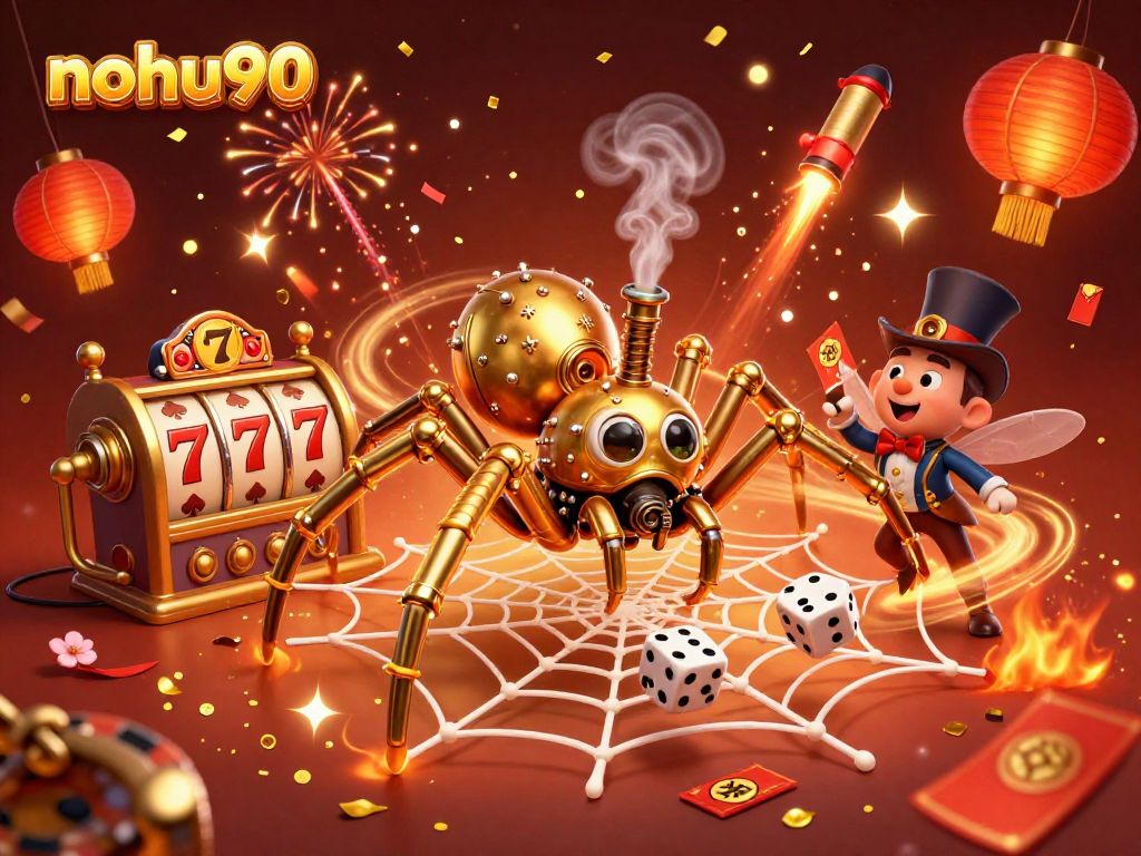 Nohu90 captivates players with a vibrant 3D casino scene featuring a golden spider and exciting game elements.