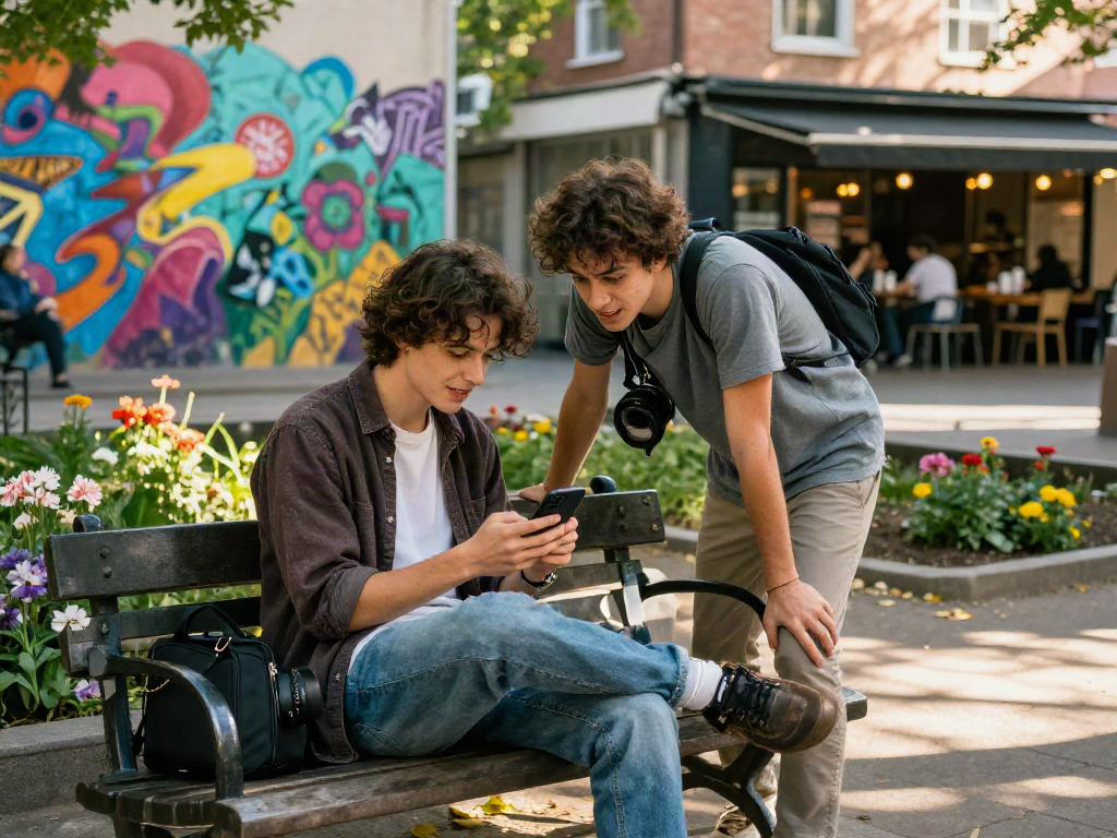 Playful urban sexting scene with engaging conversations and vibrant street art.