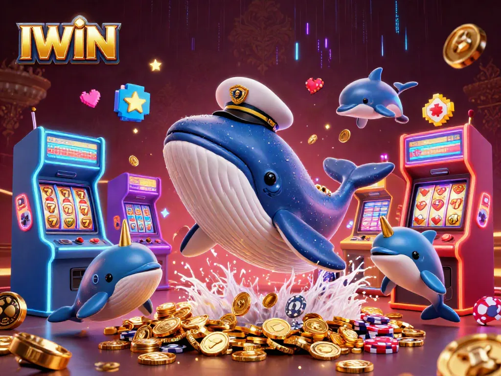 IWIN brings excitement with a cartoon whale and narwhal in a sea of casino glory.