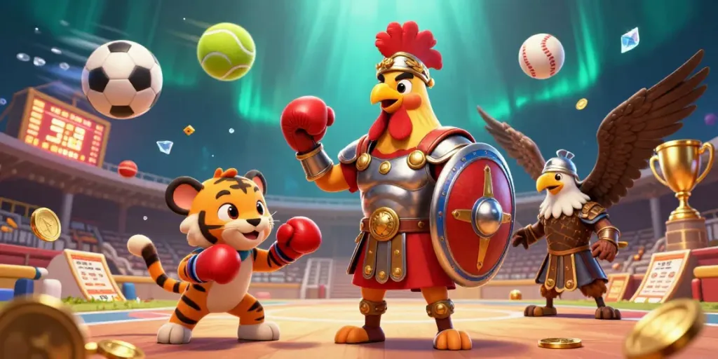 Engaging scene showcasing KUWIN with a gladiator rooster and vibrant casino elements promoting betting excitement.