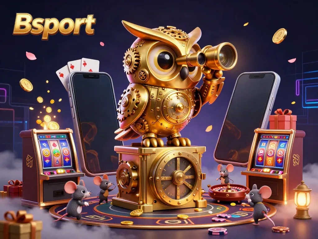 Experience thrilling Bsport action with a clockwork owl overseeing a dynamic casino filled with excitement.