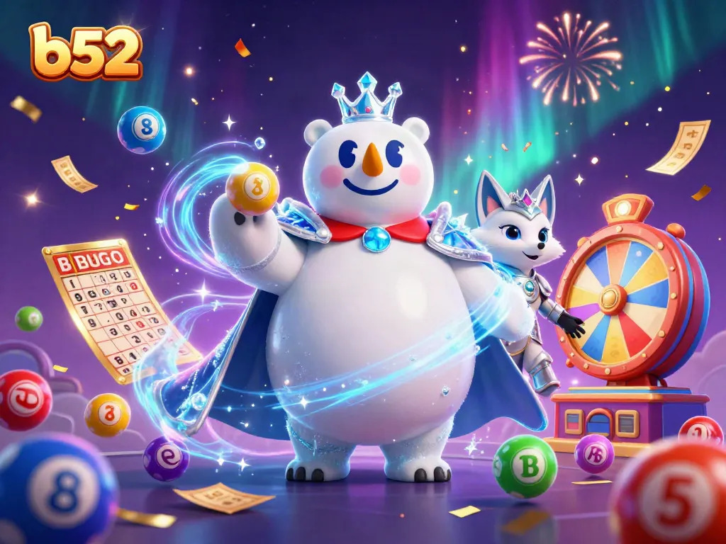 The b52 ice king and snow fox celebrate with colorful lottery elements and festive effects in a 3D casino scene.