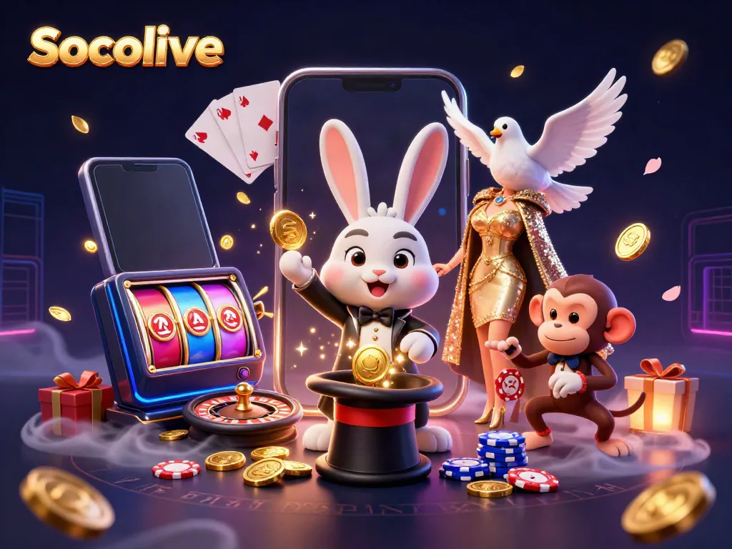Experience thrilling gameplay with Socolive, featuring a magician rabbit and interactive gambling elements.