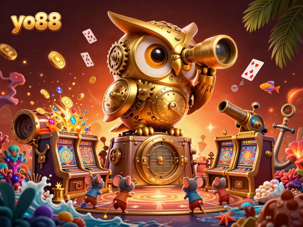 Engage with the thrilling experience at yo88, featuring a lively casino scene with a golden owl and mouse patrons.