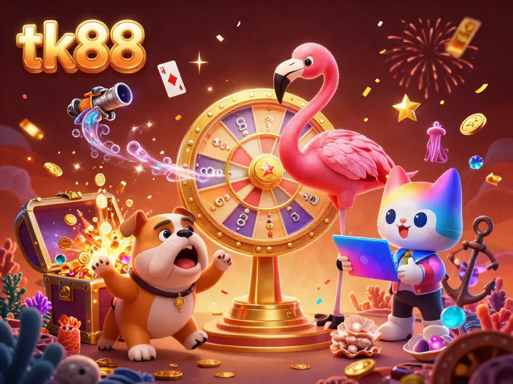 Spin the golden prize wheel at tk88 with vibrant characters and exciting game elements in an animated casino scene.