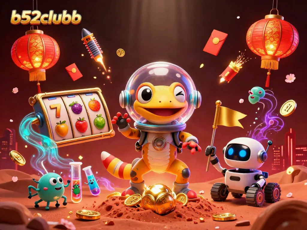Engage with b52clubb in a vibrant 3D casino adventure featuring a Martian gecko discovering a hidden treasure.
