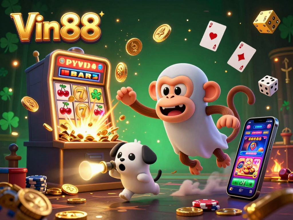 Vin88 elevates your gaming experience with an engaging poltergeist monkey juggling coins in a vibrant casino setting.