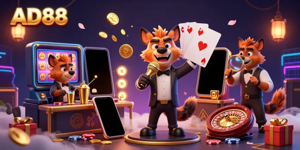 Experience thrilling gaming at AD88 with hyenas in a comedy casino club, mixing drinks and telling jokes.