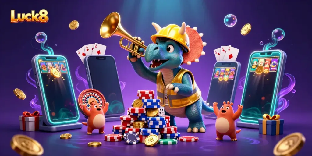 Luck8 showcases a vibrant, engaging scene of a playful triceratops and friends celebrating casino wins with poker chips and games.