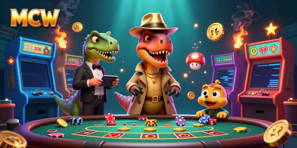 MCW velociraptor card counter at blackjack, surrounded by vibrant casino elements in 3D.