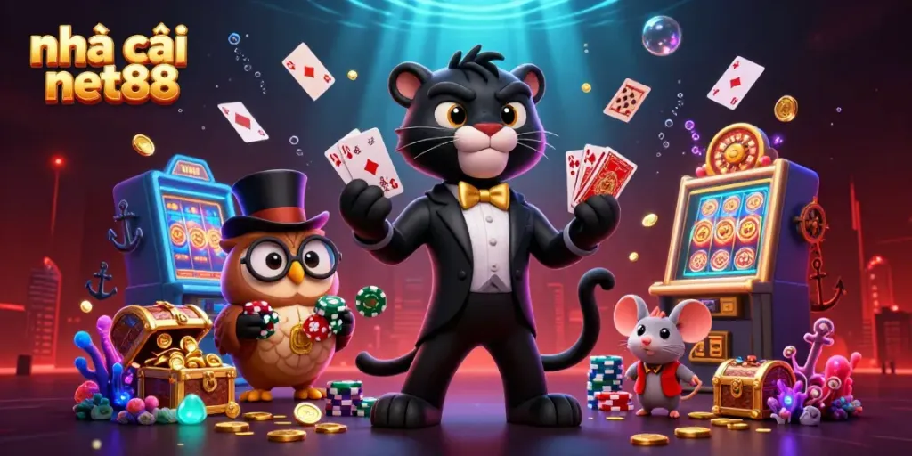 Engage in thrilling games at nhà cái net88 with stylish characters dealing cards and vibrant casino elements.