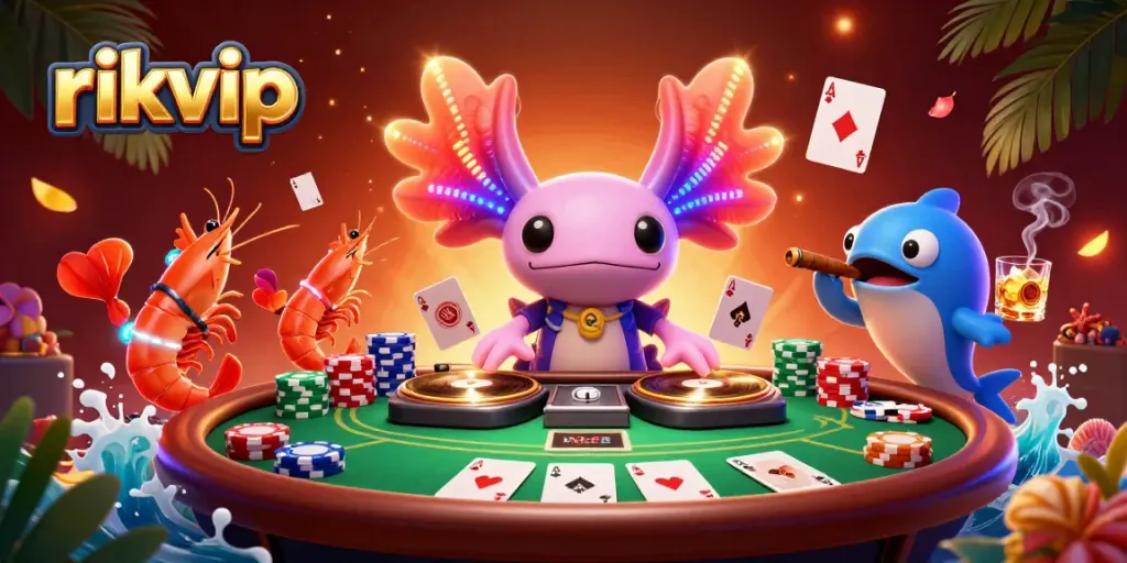 Engage in thrilling gameplay at rikvip with poker, vibrant characters, and underwater DJ vibes.