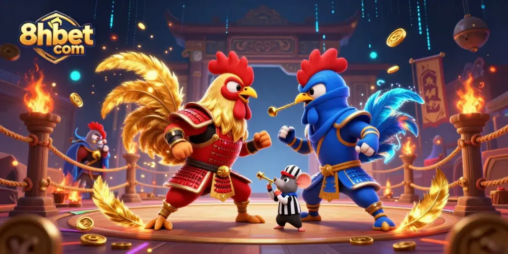 Engage in exciting gameplay at 8xbet com with fighting roosters in a vibrant casino illustration.