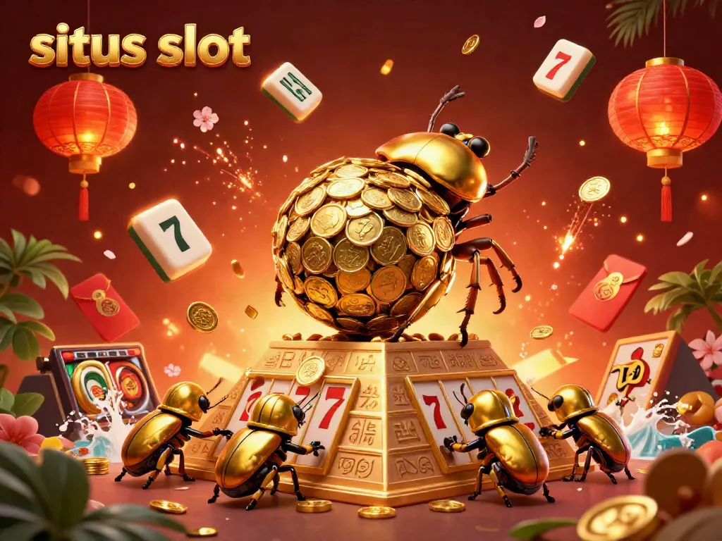 Situs slot scene of a golden beetle rolling coins with glowing tiles and lanterns, vibrant atmosphere