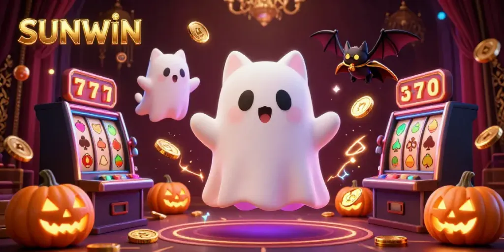 Experience the thrilling SUNWIN casino adventure with a ghost cat and vampire bat among glowing slot machine symbols.