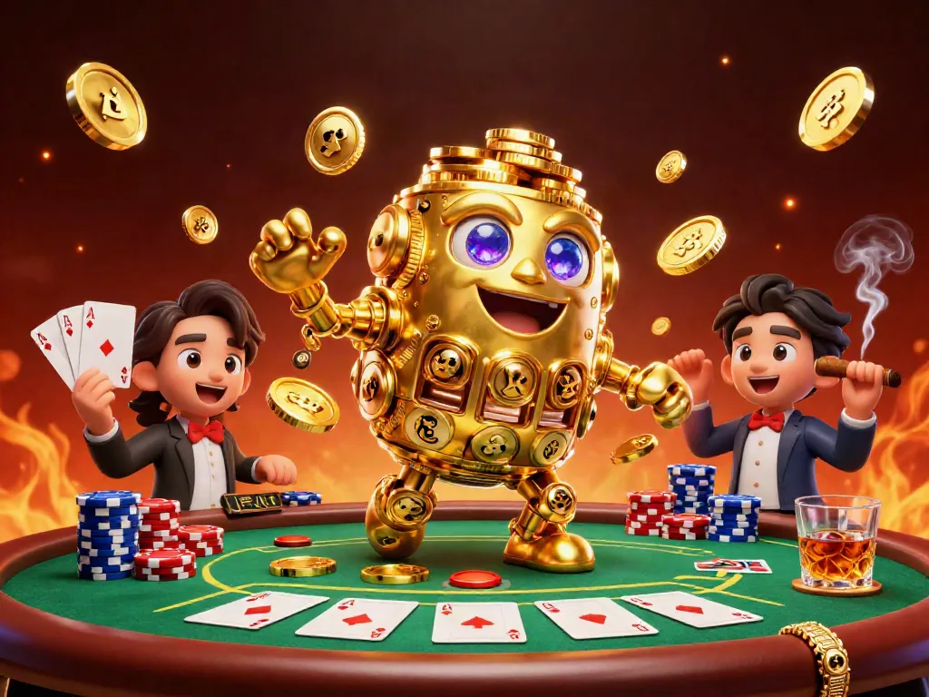 Engage with SAWA888's vibrant casino action, featuring poker elements and a golden golem.