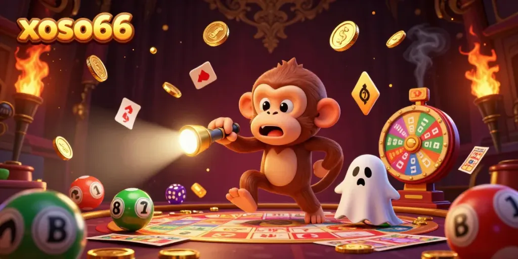 Experience the excitement of xoso66 with a playful poltergeist monkey and a curious puppy in a lively lottery scene.