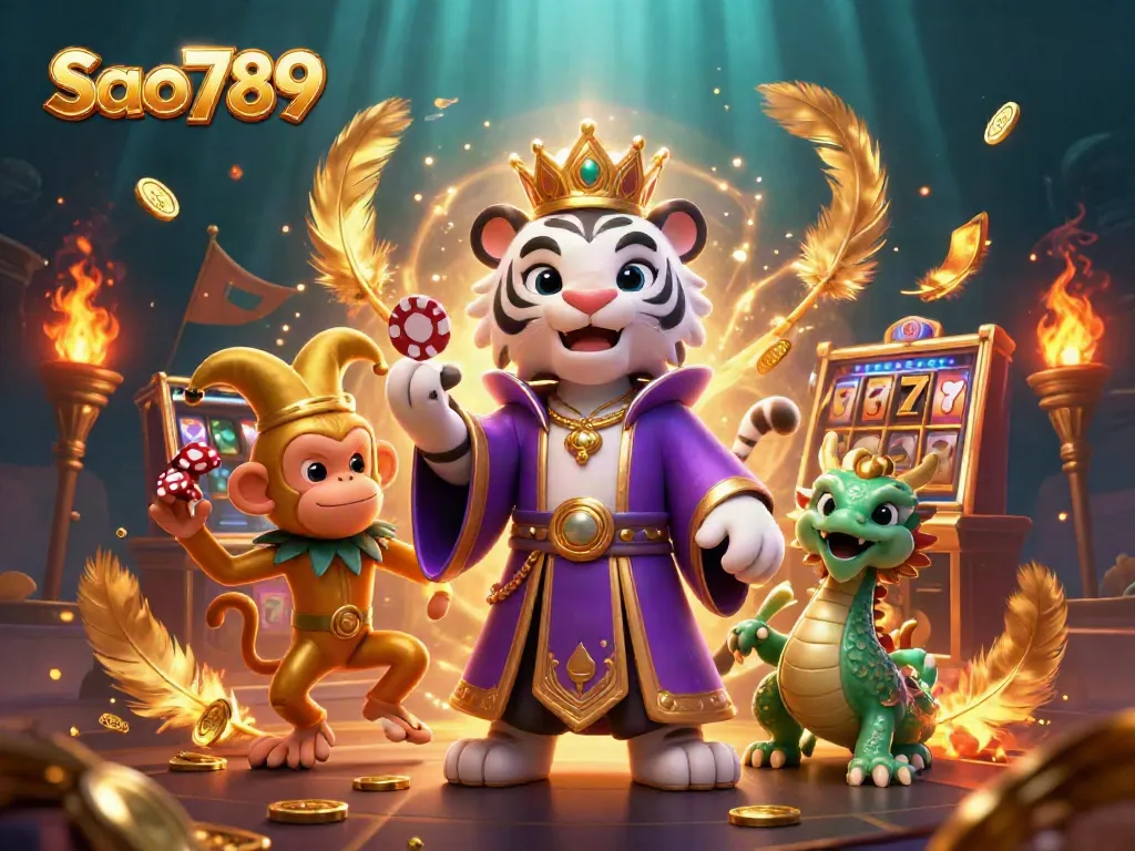 Sao789 showcases a vibrant casino scene with a tiger, monkey, and dragon among slots and coins.
