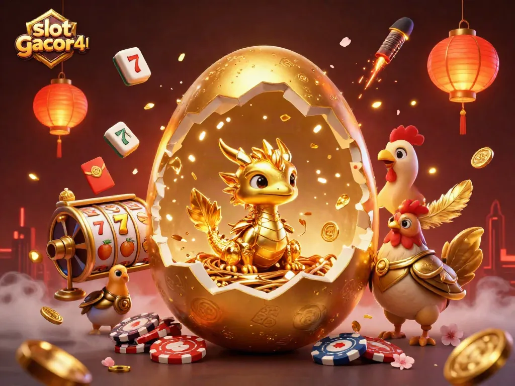 Bermain slot gacor 4D dengan ilustrasi 3D menampilkan telur emas yang pecah dan naga bayi bersinar.
