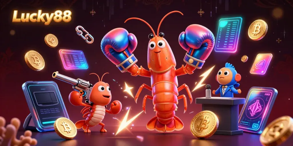 Engage with Lucky88's vibrant gambling universe featuring cartoon shrimp and crypto elements.