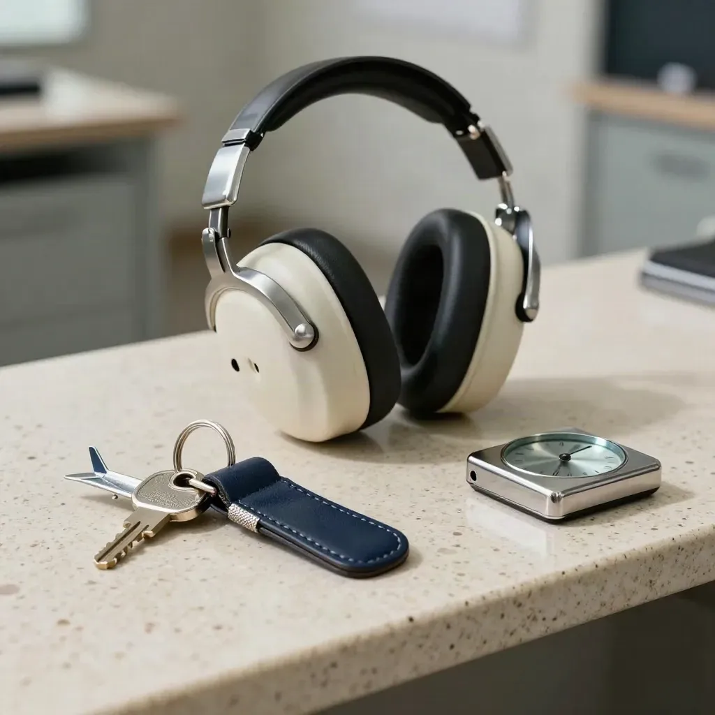 Makro narzędzi szkoleniowych lotniczych na trawertynie: headset, brelok, model samolotu i timer.
