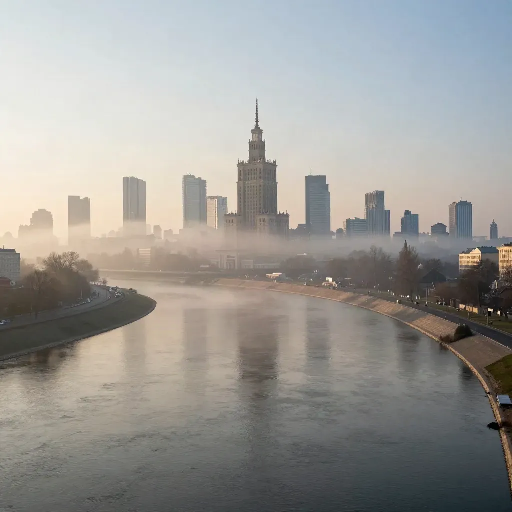 Warszawa nad zakolem Wisły we mgle, panorama wysoko nad jasną równiną