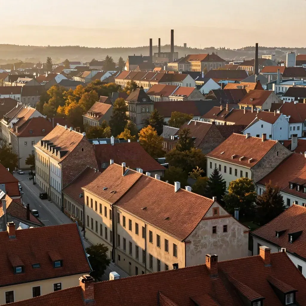 Łódzkie o zachodzie słońca: ceglane dachy, linie drzew i spokojna panorama miejska w złotym świetle.