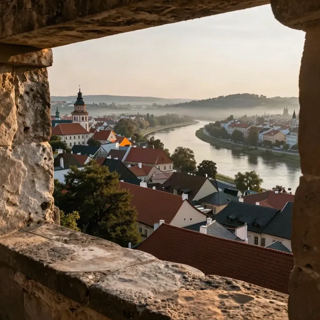 Widok Krakowa nad rzeką w ciepłej mgle, z kamiennym planem na pierwszym planie.