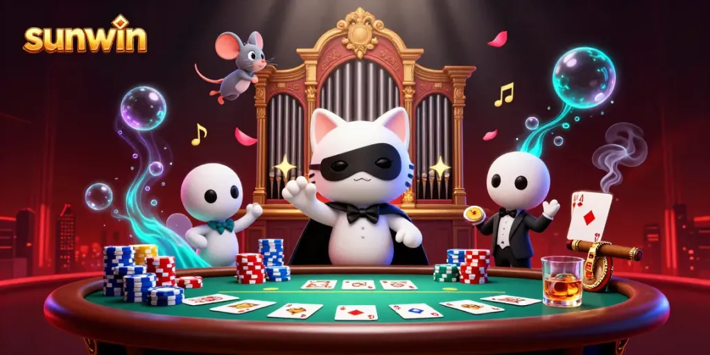 Experience the thrilling sunwin casino scene with the phantom cat and mouse acrobat amidst vibrant gameplay.