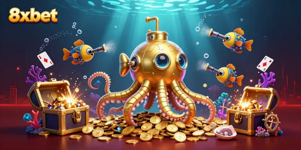 Experience thrilling gameplay with 8xbet, featuring a golden kraken submarine amidst treasures and vibrant casino elements.