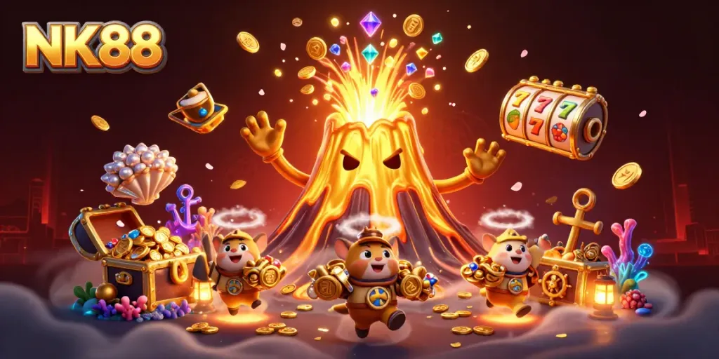 Experience thrilling wins with NK88's vibrant slot games amidst a treasure eruption.