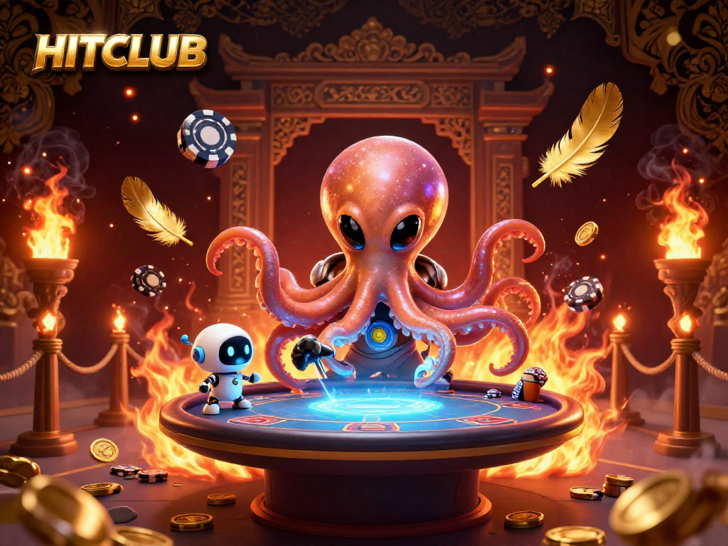 HITCLUB showcases an alien octopus at a holographic poker table surrounded by vibrant gaming elements.
