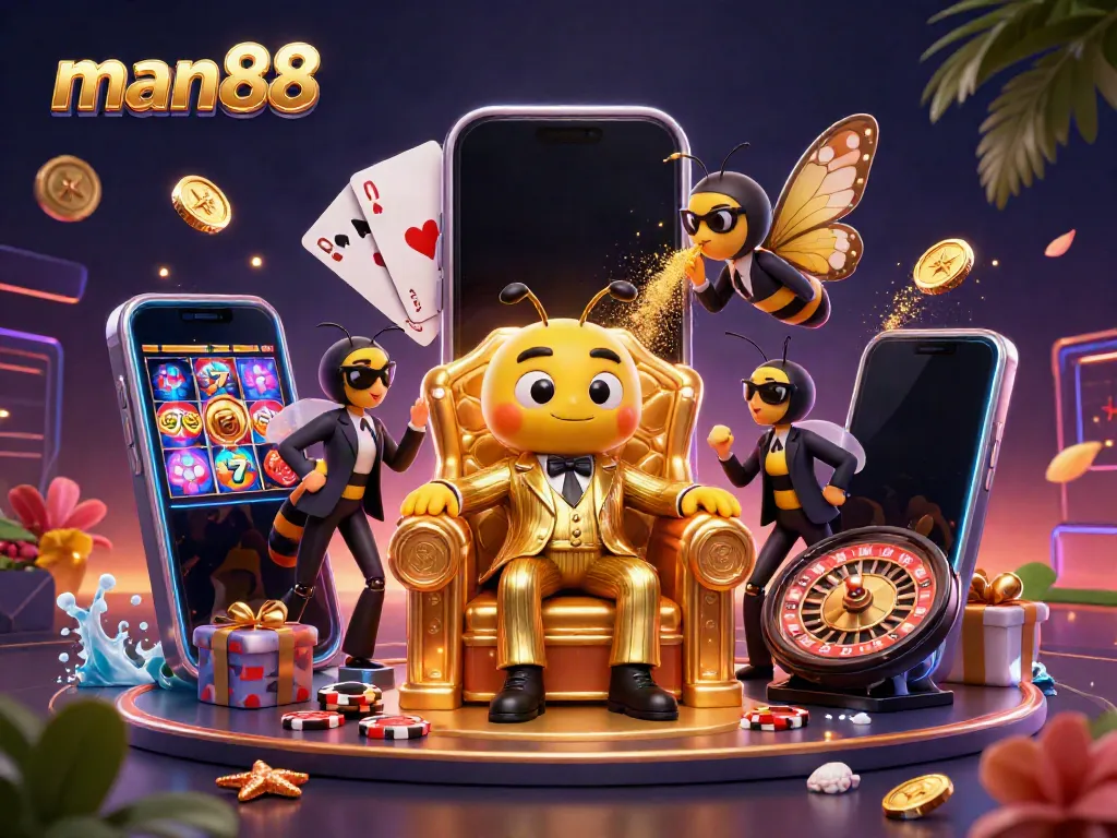 Experience thrilling gaming with man88 featuring a dynamic scene highlighting a bee mob boss in a casino