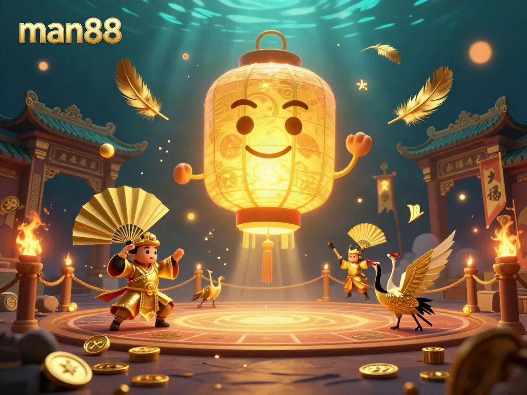 Experience the excitement of man88 with a vibrant 3D casino scene featuring golden lanterns and dynamic gaming elements.