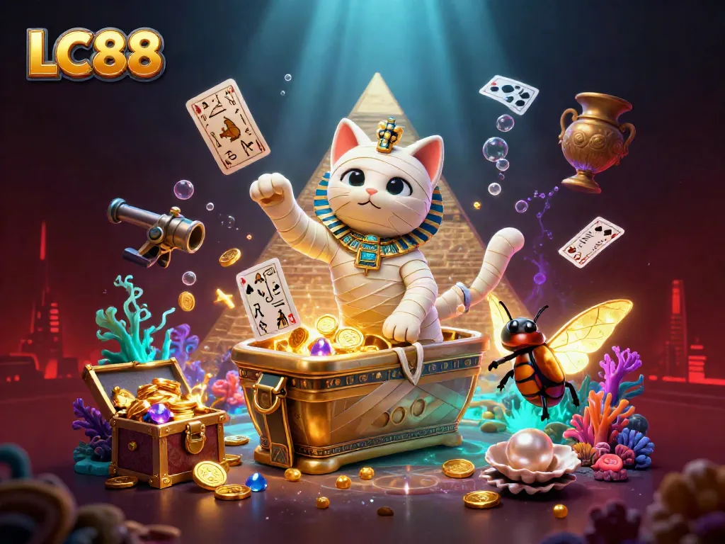 LC88's vibrant casino scene with a mummy cat and golden treasures enhances the gaming experience.