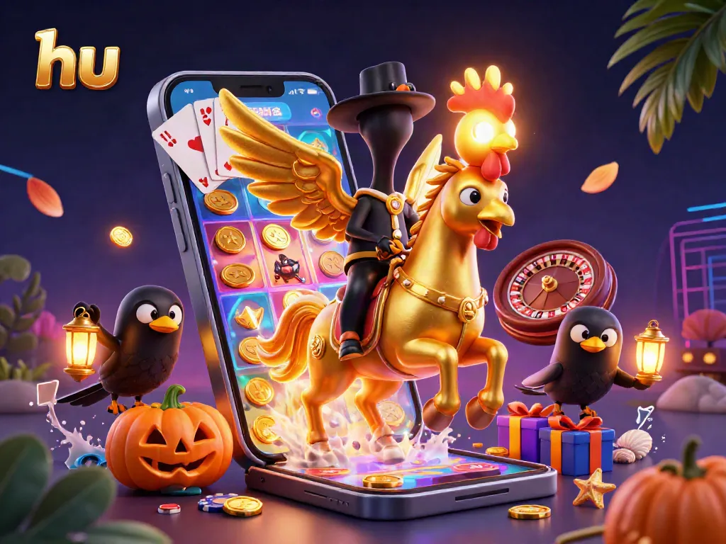 Experience thrilling slot games and casino action with hu's vibrant golden rooster in a 3D scene.