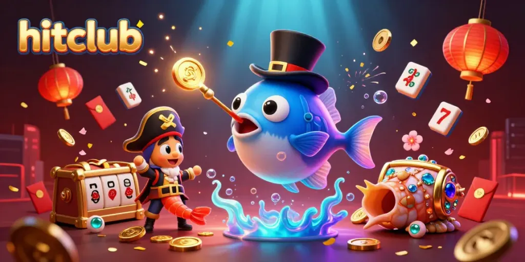 Experience hitclub fun with an anglerfish attracting golden coins amidst vibrant casino elements.