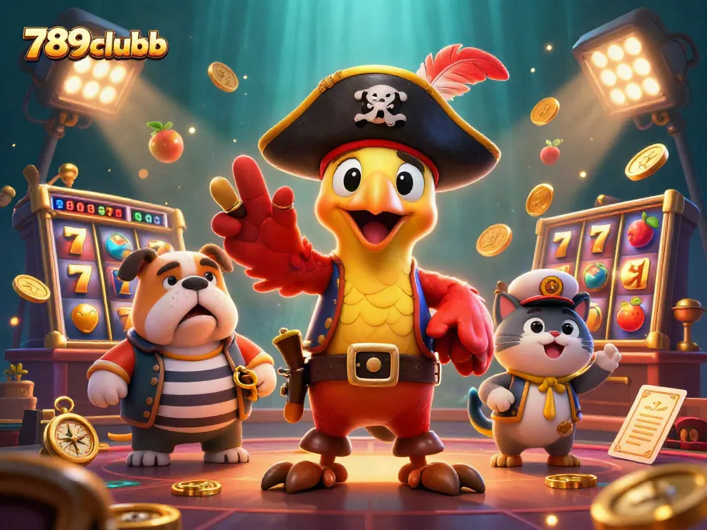 Engage in thrilling gameplay at 789clubb with colorful slot machines, gold coins, and lively characters