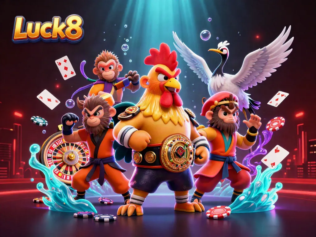 Immerse in Luck8's winning atmosphere with 3D characters enjoying a vibrant casino scene.