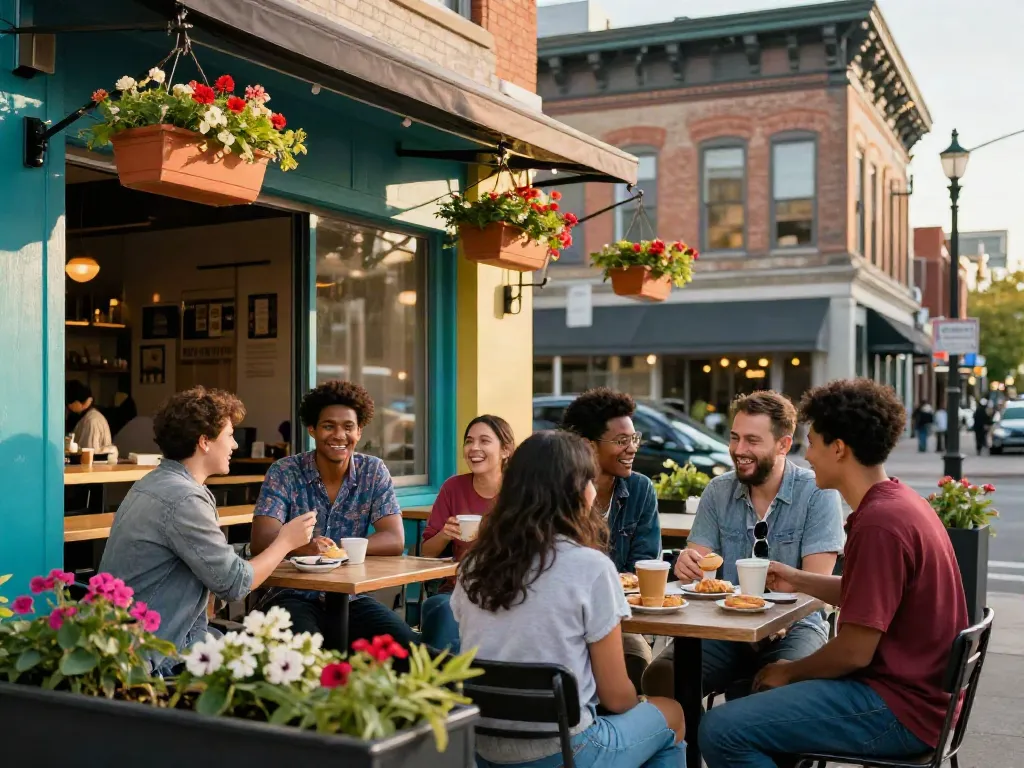 Friends enjoying coffee at an outdoor café in Edmonton, reflecting the local community spirit and charm.
