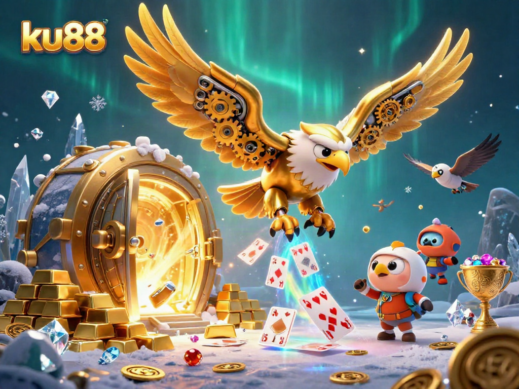 Experience the thrilling dive of ku88's cybernetic eagle amidst golden treasures and casino excitement.