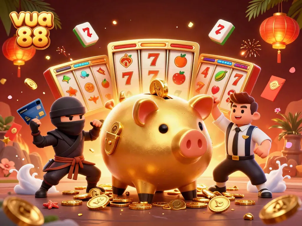 Experience the excitement of vua 88 as vibrant elements dance with golden coins and characters in a dynamic casino scene.