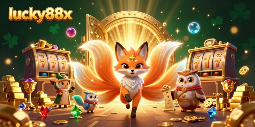 Experience big wins at lucky88x with vibrant 3D casino atmosphere, glowing treasures, and charming characters.
