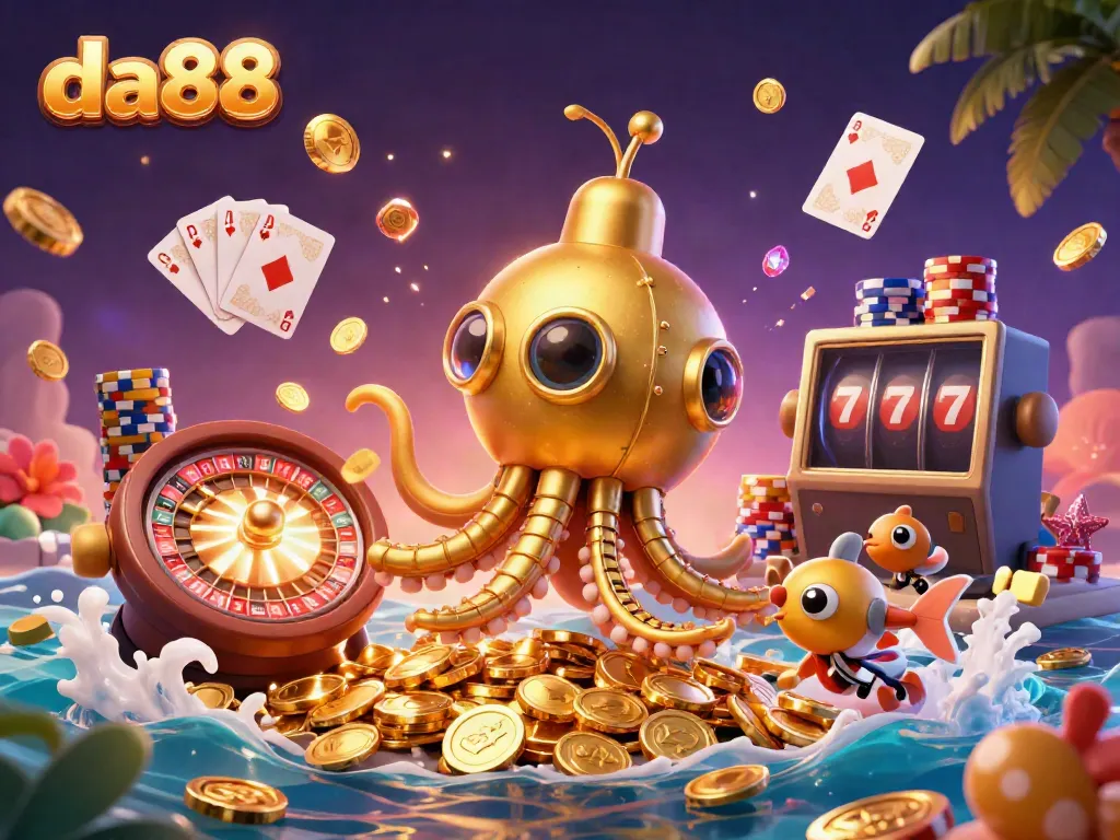 Engage in thrilling gameplay at da88 with a vibrant scene of a golden kraken submarine and dazzling casino elements.