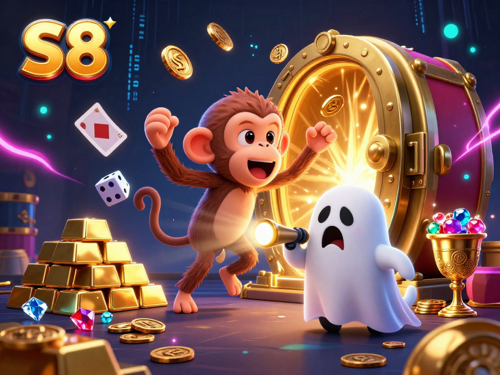 S8 casino brings excitement as a poltergeist monkey juggles gold, captivating players in a haunted atmosphere.