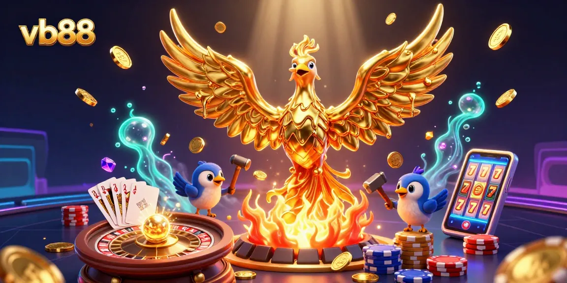 Experience the thrill of vb88 with vibrant casino elements, featuring a golden phoenix and riches in motion.